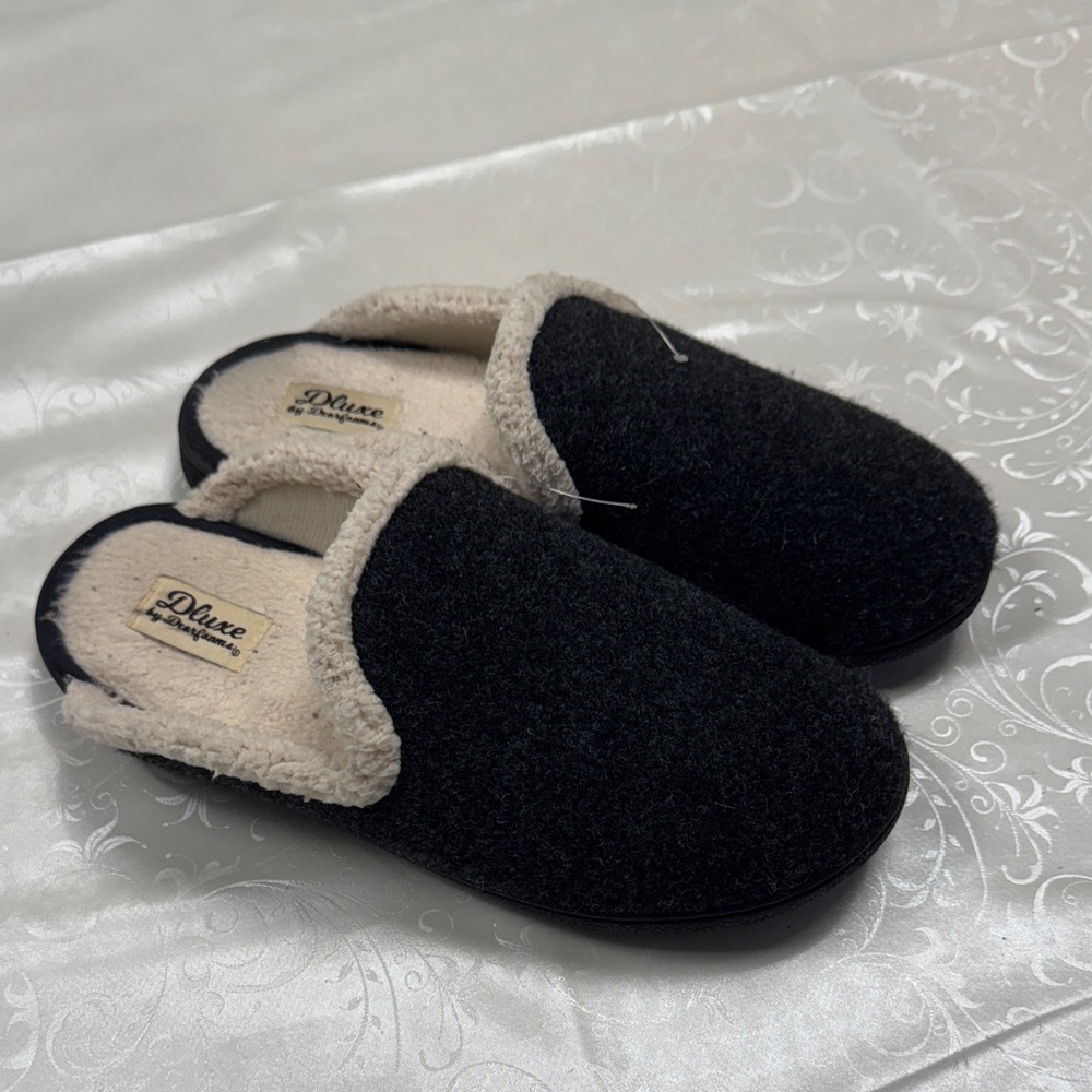 Dluxe by Dearfoams Black and Cream Slippers sizeLarge US 9-10 EU 40-41 CM26-26,5